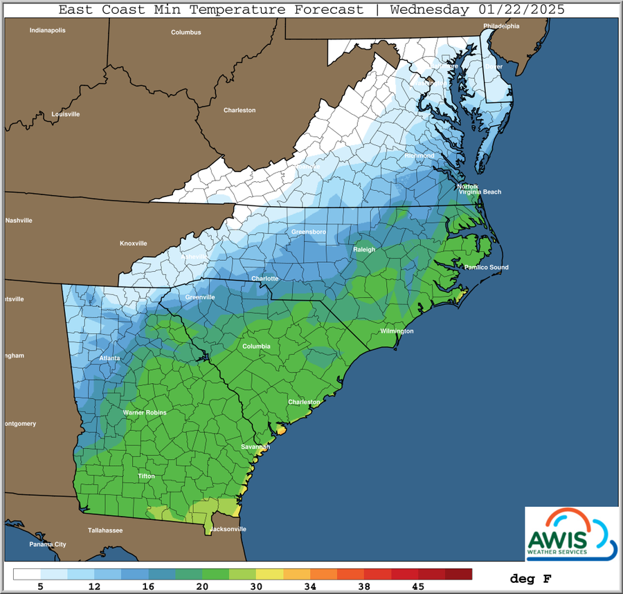 Map of East Coast minimum temperature forecast, Wednesday 01/22/2025, colored legend in °F