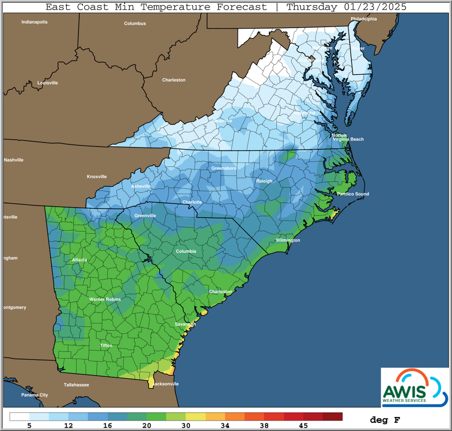 East Coast minimum temperature forecast map for Thursday 01/23/2025 with color legend (deg F)