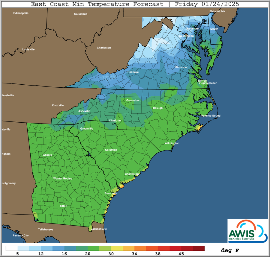 East Coast minimum temperature forecast map for Friday 01/24/2025 with color legend (deg F)