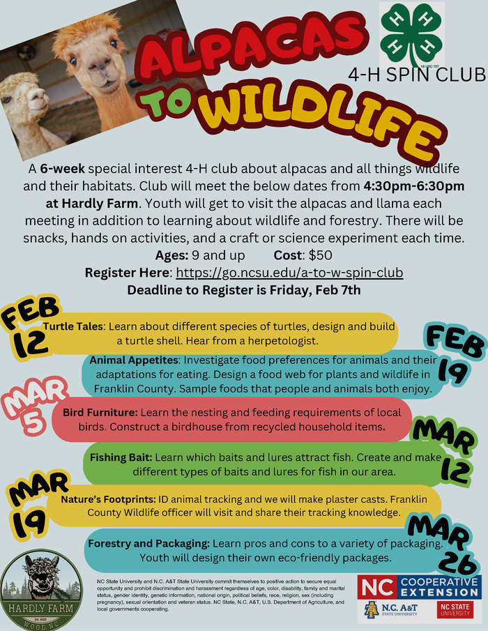 Alpacas to Wildlife 4-H Spin Club flier registration info, meeting dates, session info