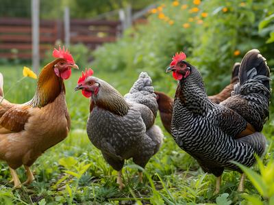 3 Chickens standing in grass