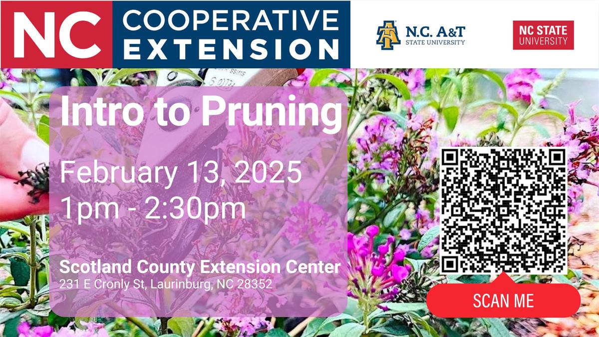 Intro to Pruning workshop Feb 13, 2025 1–2:30pm at Scotland County Extension Center; QR code