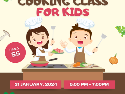 Two children cooking at a stove; text "Cooking Class for Kids", "Only $5", "31 Jan 2024 5–7 PM"