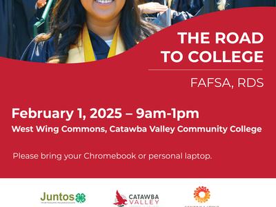 Smiling graduate; flyer: THE ROAD TO COLLEGE — FAFSA — Feb 1, 2025 9am–1pm, West Wing Commons