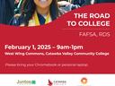 Smiling graduate; flyer: THE ROAD TO COLLEGE — FAFSA — Feb 1, 2025 9am–1pm, West Wing Commons