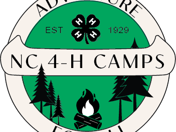 NC 4‑H CAMPS logo: green circle with 4‑H clover, EST 1929, trees, campfire; ADVENTURE / FOR ALL