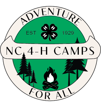 NC 4‑H CAMPS logo: green circle with 4‑H clover, EST 1929, trees, campfire; ADVENTURE / FOR ALL