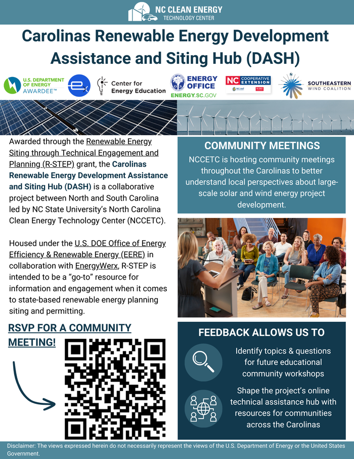 Flyer announcing DASH community meetings for Carolinas renewable energy development