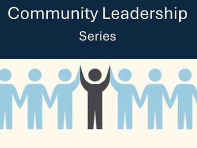 Community Leadership Series — row of stylized figures holding hands, dark center figure raising arms