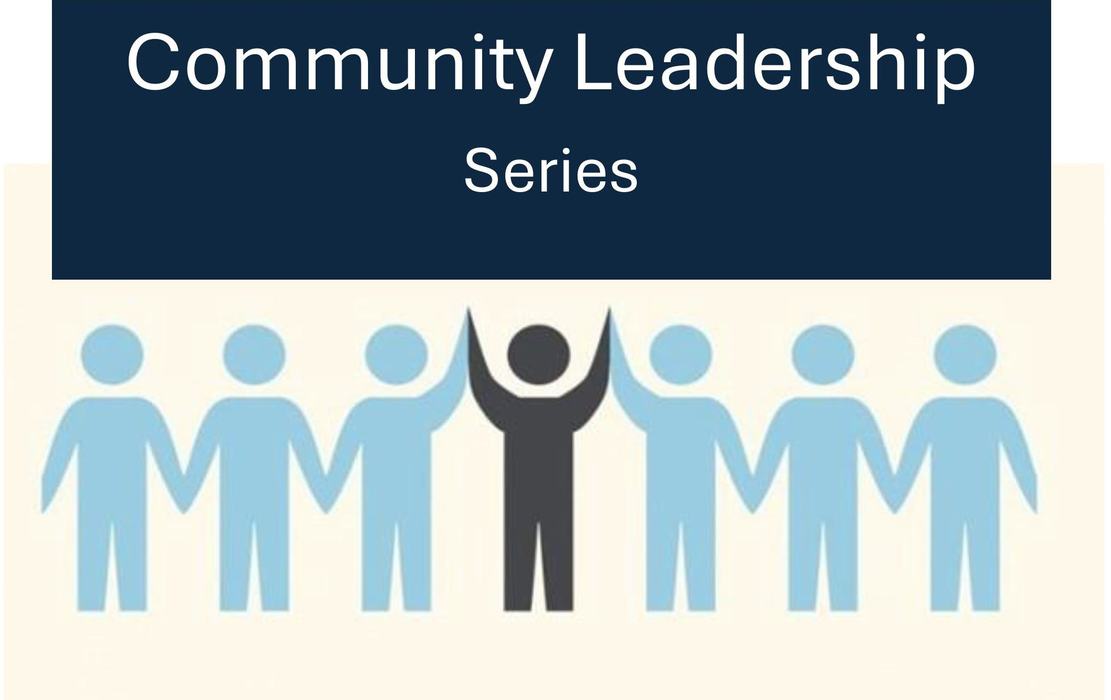 Community Leadership Series — row of stylized figures holding hands, dark center figure raising arms