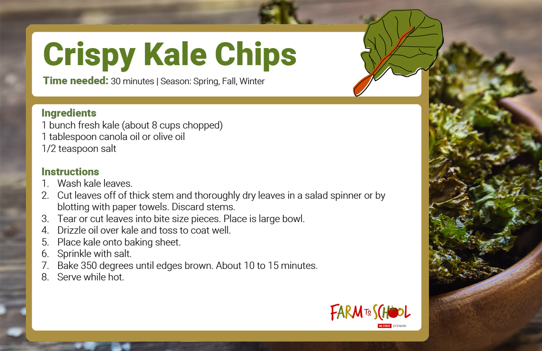 Crispy Kale Chips recipe card showing ingredients and step-by-step baking instructions
