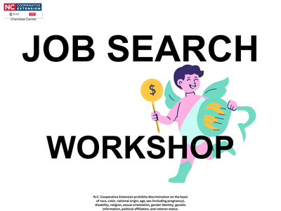 JOB SEARCH WORKSHOP text with colorful winged person holding a dollar-sign paddle and pitcher
