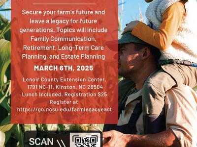 Child on an adult's shoulders in a cornfield; text "EASTERN NC FARM SUCCESSION SCHOOL" March 6, 2025