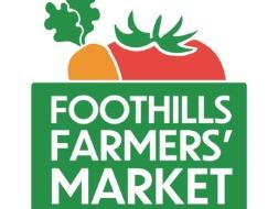Logo with tomato, carrot, and greens above a green panel reading "FOOTHILLS FARMERS' MARKET"