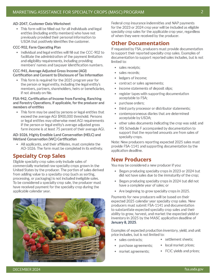 MARKETING ASSISTANCE FOR SPECIALTY CROPS (MASC) PROGRAM brochure page with basket of vegetables