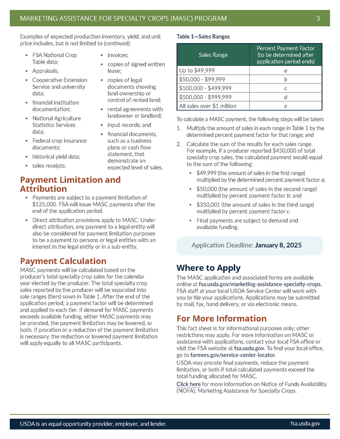 USDA MASC program fact sheet page with payment limits, Table 1 sales ranges, deadline Jan 8, 2025