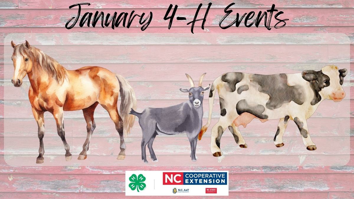 January 4-H Events banner with horse, goat, cow and NC Cooperative Extension logo