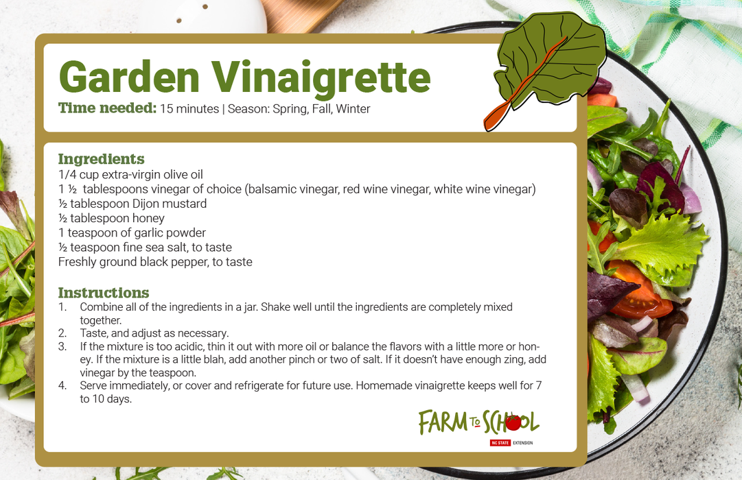 Garden Vinaigrette recipe card with ingredients, instructions, and "Time needed: 15 minutes"
