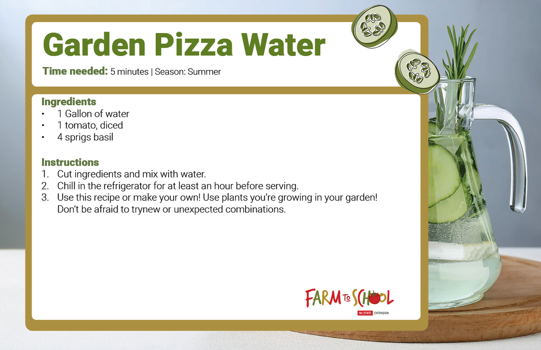 Garden Pizza Water recipe card — Time needed: 5 minutes; Ingredients: 1 gal water, 1 tomato, 4 sprigs basil
