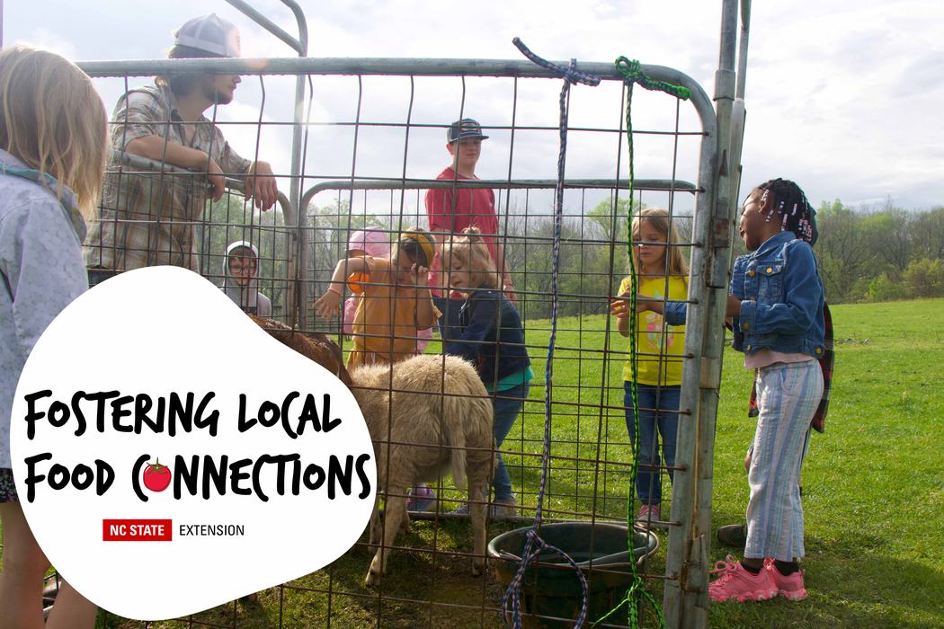 Children and adults petting a sheep behind a metal pen; text "Fostering Local Food Connections" and "NC State Extension"