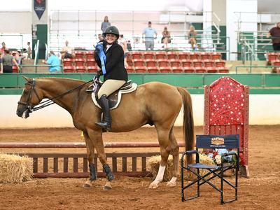 Rider on chestnut horse holding a blue ribbon in an indoor arena