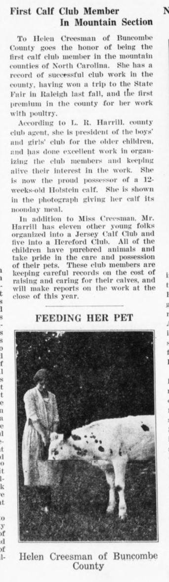 Extension Farm News article about 12 year old Helen Creasman becoming the first person to join the new calf club in Buncombe County.