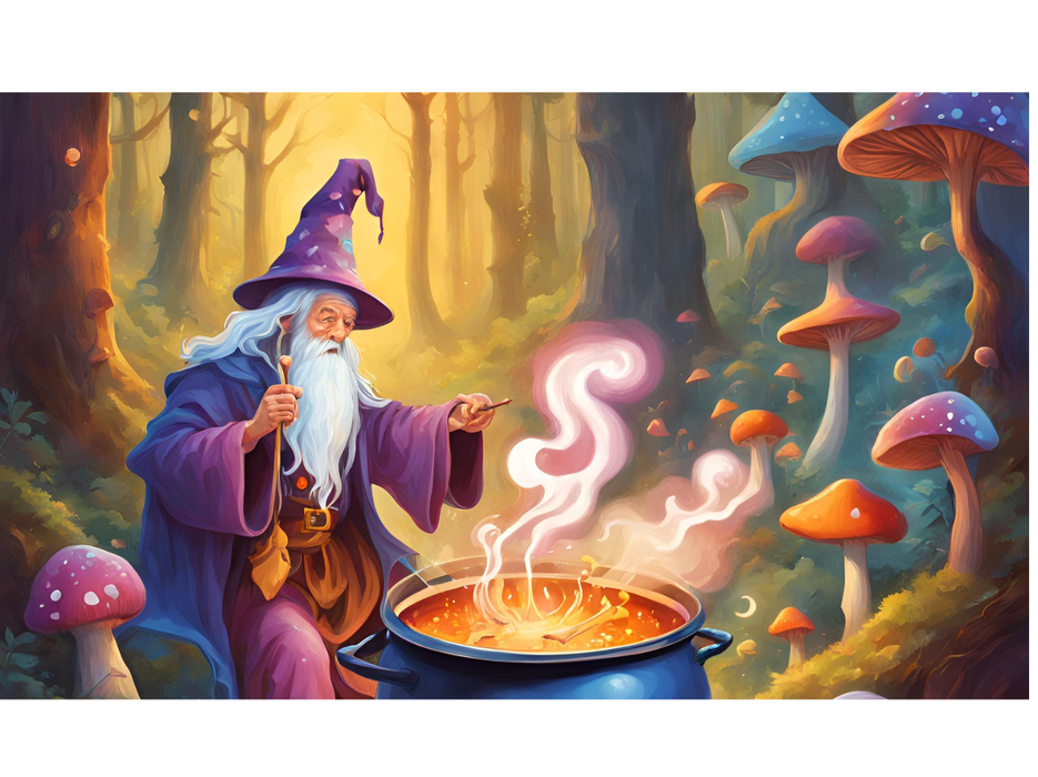 A colorful wizard living under a mushroom in the forest is stirring a word stew. As the cauldron bubbles, letters form in the steamy mist.