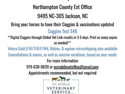 Equine Coggins & Vaccine Clinic — Jan 18, 2025, 10am–12pm, Northampton County Ext Office, Jackson NC