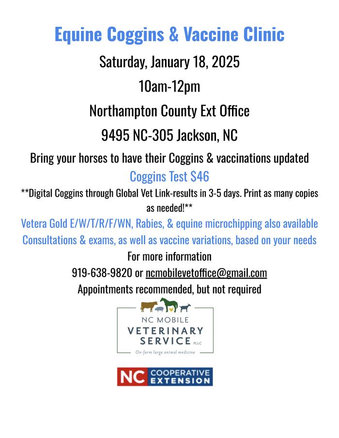 Equine Coggins & Vaccine Clinic — Jan 18, 2025, 10am–12pm, Northampton County Ext Office, Jackson NC
