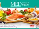 Med instead of Meds banner with salmons, fruits and vegetables, oils and nuts with the subtitle of Simple, Delicious, Satisfying