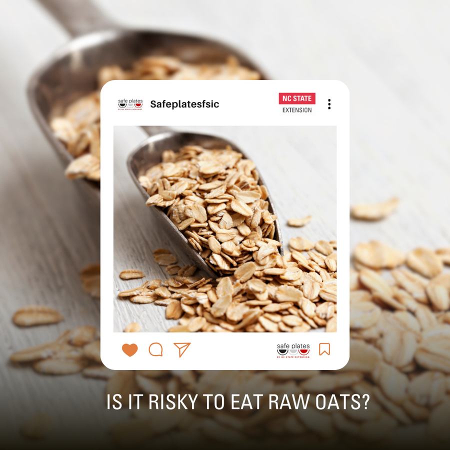 Scoop of raw oats spilling on a table; text: "Is it risky to eat raw oats?"