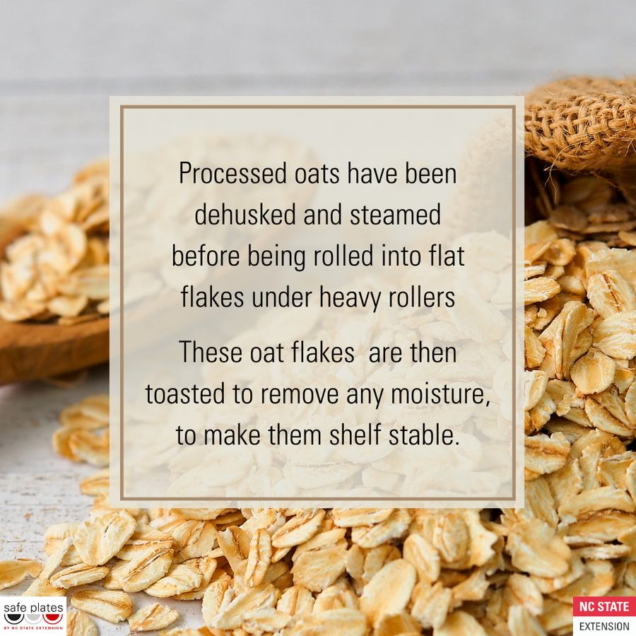 Oat flakes; text: 'Processed oats dehusked, steamed, rolled, then toasted to be shelf stable'
