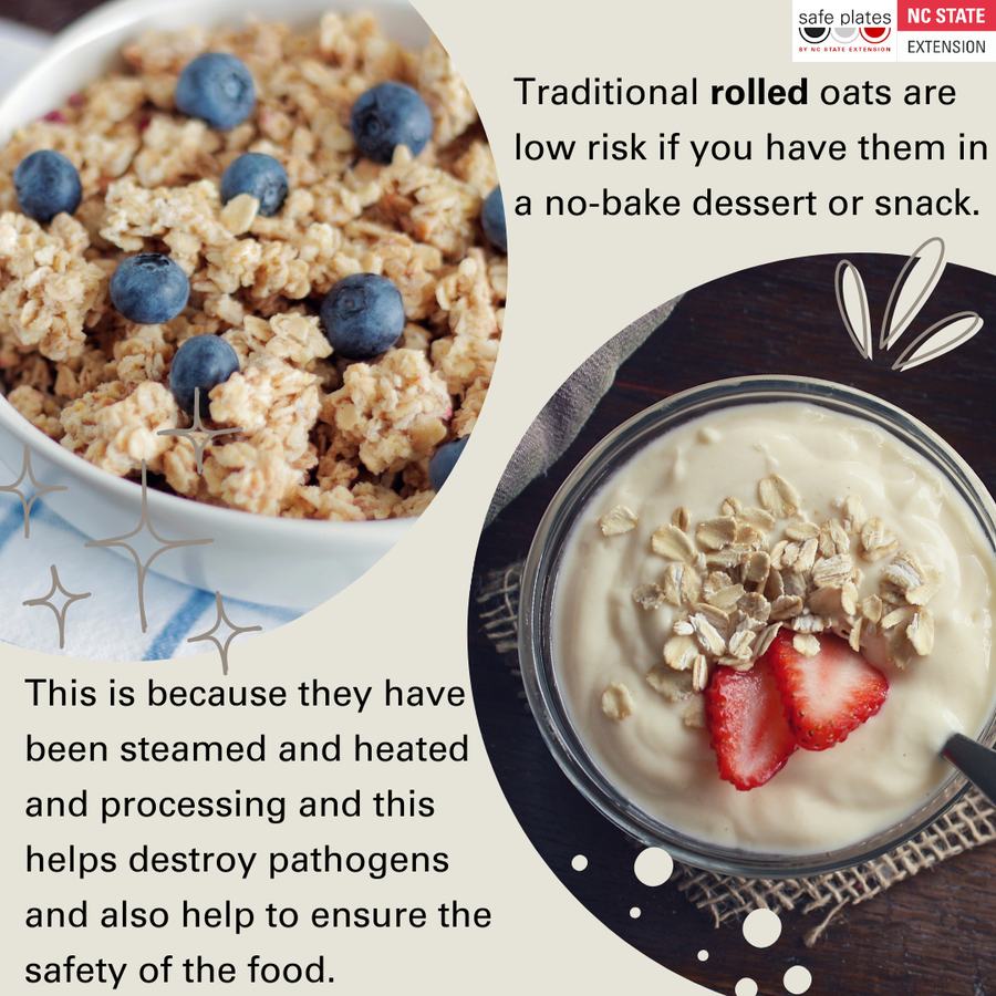 Rolled oats with blueberries and yogurt; text: "Traditional rolled oats are low risk in a no-bake dessert or snack."