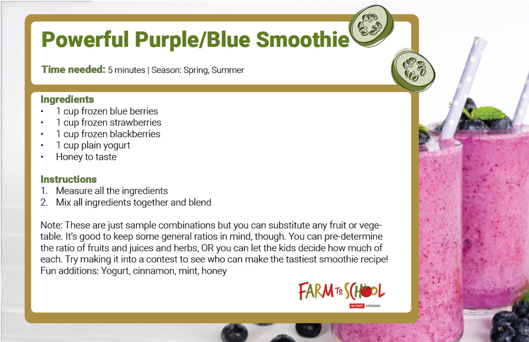 Powerful Purple/Blue Smoothie recipe card listing ingredients and 2-step instructions