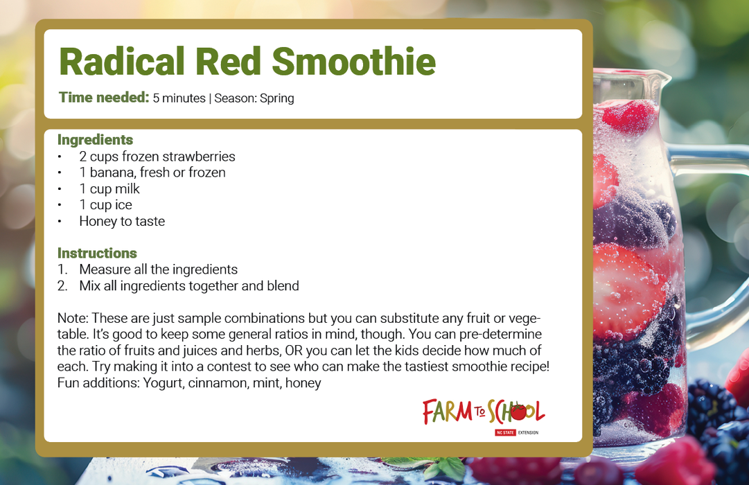 Radical Red Smoothie recipe card — ingredients and 2-step instructions, Time needed: 5 minutes