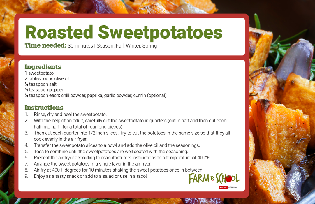 Recipe card titled "Roasted Sweetpotatoes" showing ingredients and air-fryer instructions.