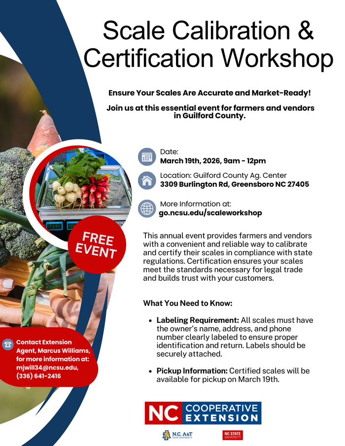 This annual event provides farmers and vendors with a convenient and reliable way to calibrate and certify their scales in compliance with state regulations. Certification ensures your scales meet the standards necessary for legal trade and builds trust with your customers.   What You Need to Know:   Labeling Requirement: All scales must have the owner’s name, address, and phone number clearly labeled to ensure proper identification and return. Labels should be securely attached.   Pickup Information: Certified scales will be available for pickup on March 19th.