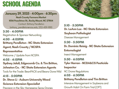 Rocky Mount Soybean School Agenda — Jan 29, 2025, 4:00–6:30pm, Nash County Farmers Market