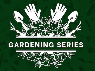 Gardening gloves, trowels and flowers surrounding text "GARDENING SERIES"
