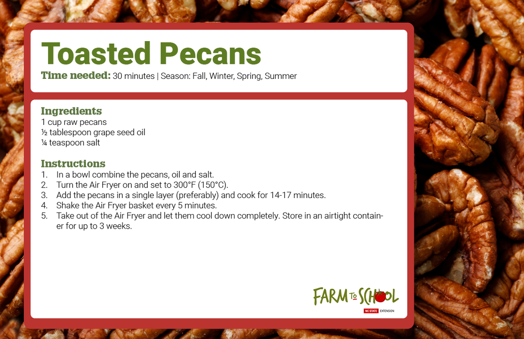 Toasted Pecans recipe card: ingredients list, "Time needed: 30 minutes", air fryer instructions