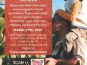 Poster: WESTERN NC FARM SUCCESSION SCHOOL — March 27, 2025; "Scan Me!" QR visible