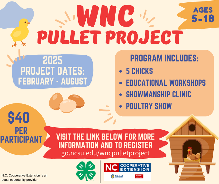 WNC Pullet Project poster; 2025 Feb–Aug; Ages 5–18; $40; visit go.ncsu.edu/wncpulletproject