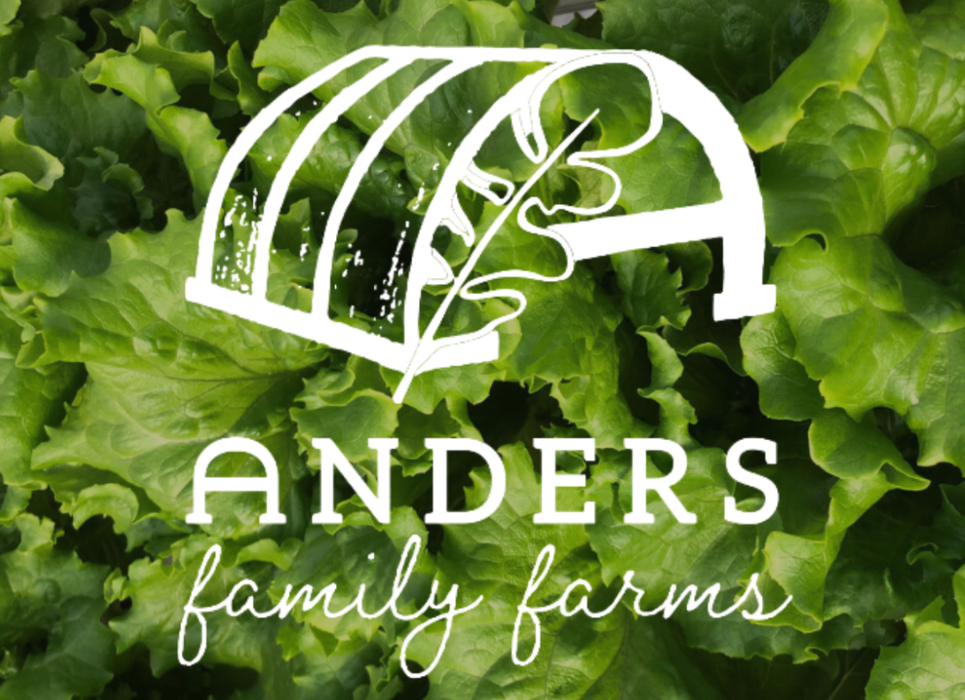 ANDERS family farms logo (greenhouse and leaf) over a background of green lettuce
