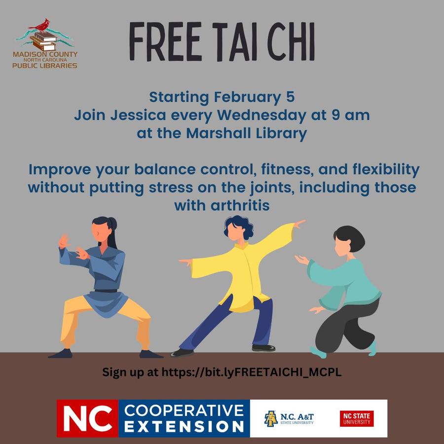 Free Tai Chi — Starting Feb 5: Join Jessica Wednesdays 9 am at the Marshall Library. Sign up: bit.ly/FREETAICHI_MCPL