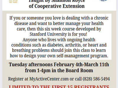 Living Healthy with Chronic Conditions course Feb 4–Mar 11; register MyActiveCenter.com or (828) 586-5494