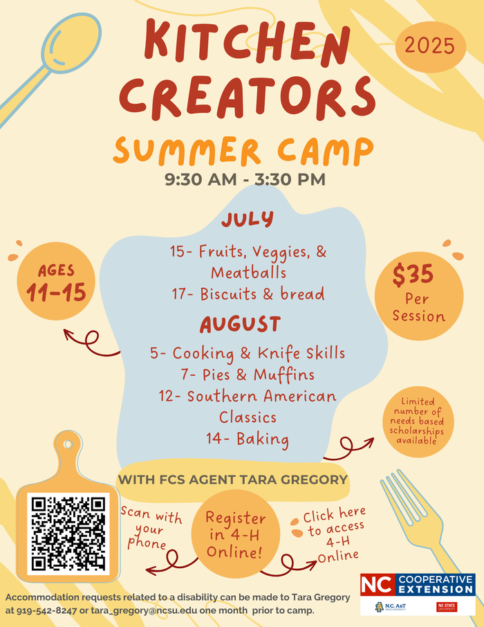 Kitchen Creators Summer Camp flyer, July–August schedule, ages 11–15, $35 per session