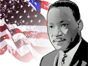 Portrait of a man in a suit beside a stylized, waving American flag
