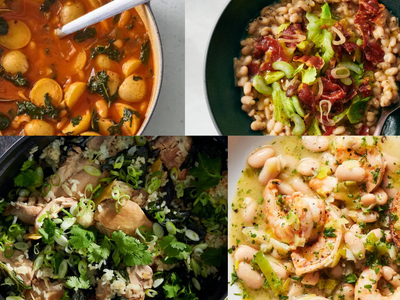Four bowls: tomato-potato stew; white beans with greens and bacon; chicken rice; shrimp with beans