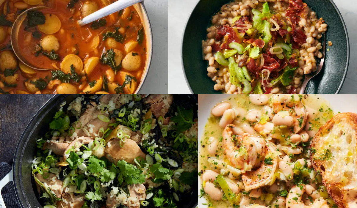 Four bowls: tomato-potato stew; white beans with greens and bacon; chicken rice; shrimp with beans