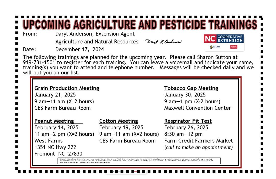 Flyer listing upcoming agriculture and pesticide trainings with dates and contact info